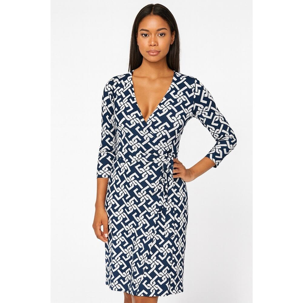 Nikki Poulos Wrap Dress Bold Blue White Geo Print 1X Australian Born‎ Designer